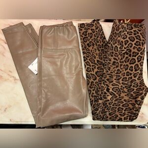 Two pairs faux leather and leopard print leggings